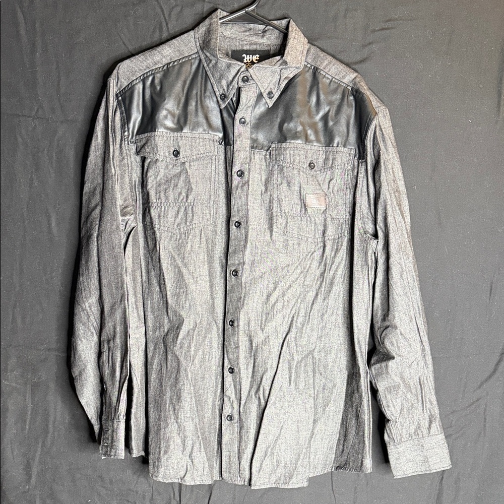 Gray Button-Up Shirt with Black Accents